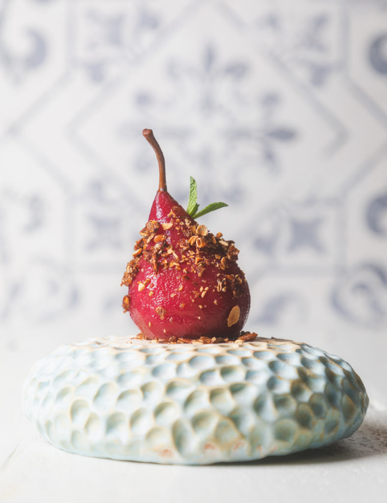 Hibiscus Poached Pear from Dalí Museum's Cafe Gala in St. Petersburg, FL
